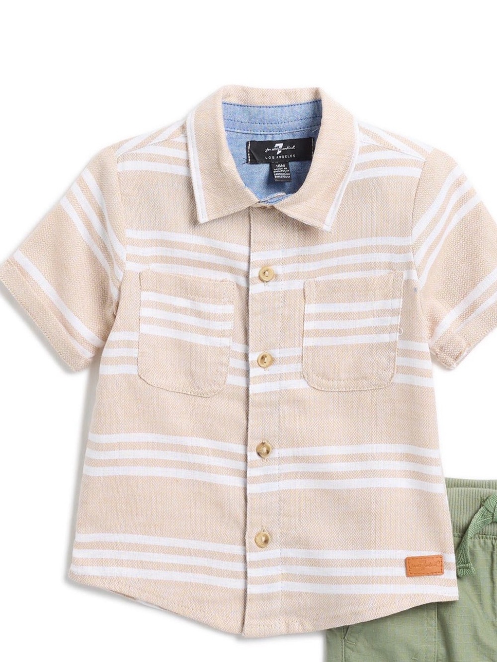 7 For All Mankind Boy’s 12M Button Down Cotton/Linen Shirt Khaki and White NWT